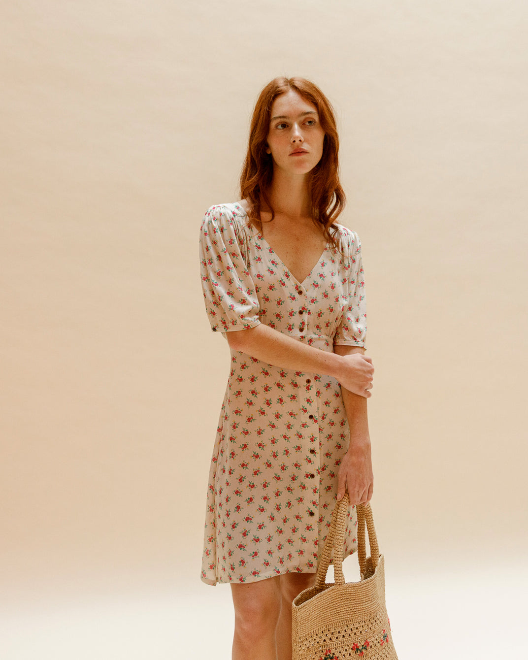 Robe chemisier - à fleurs beige