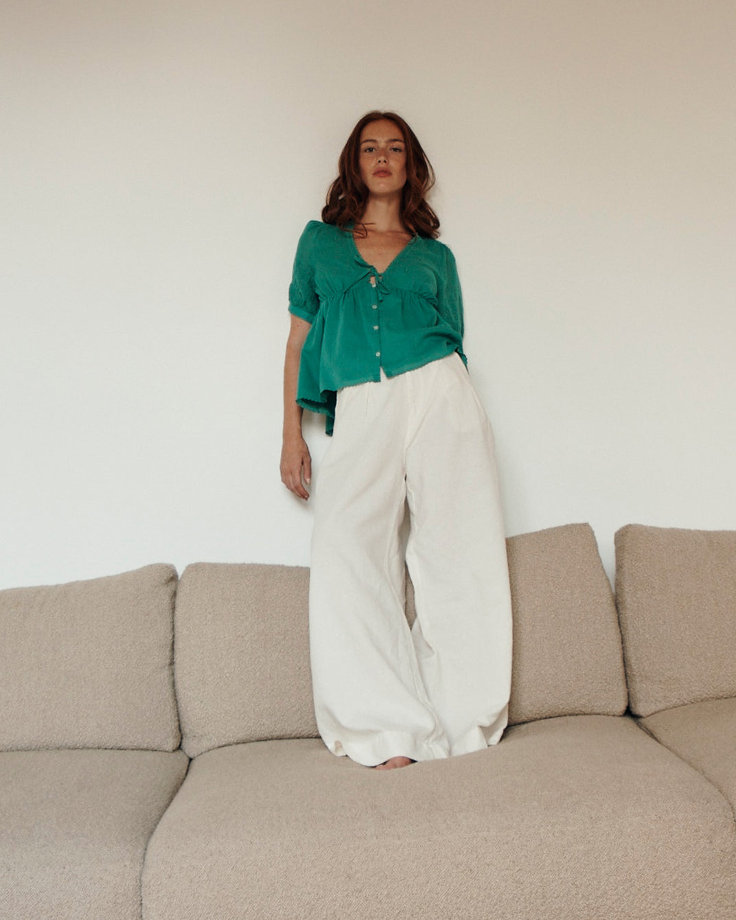 Pantalon palazzo lin et coton blanc cassé