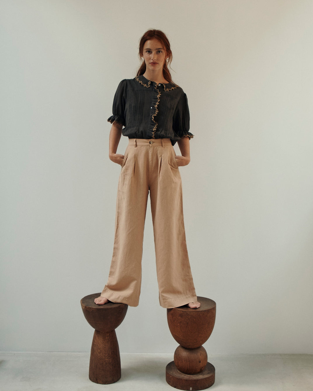 Pantalon - palazzo lin et coton beige