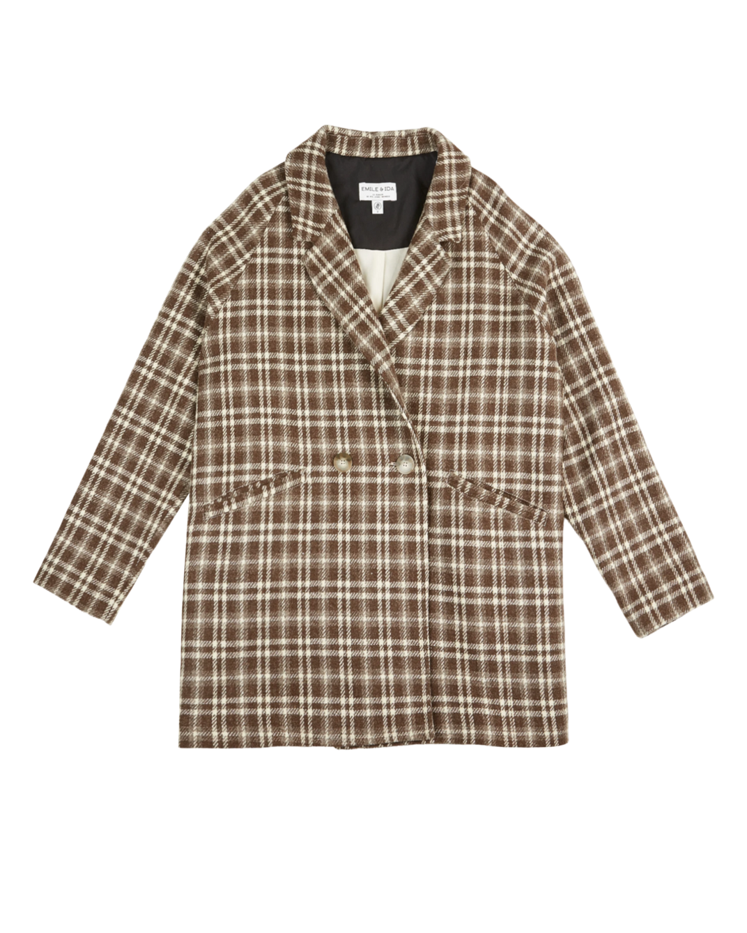 Manteau carreaux laine écru et chocolat