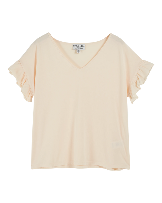 emile et ida T-shirt col V volanté coton bio crème
