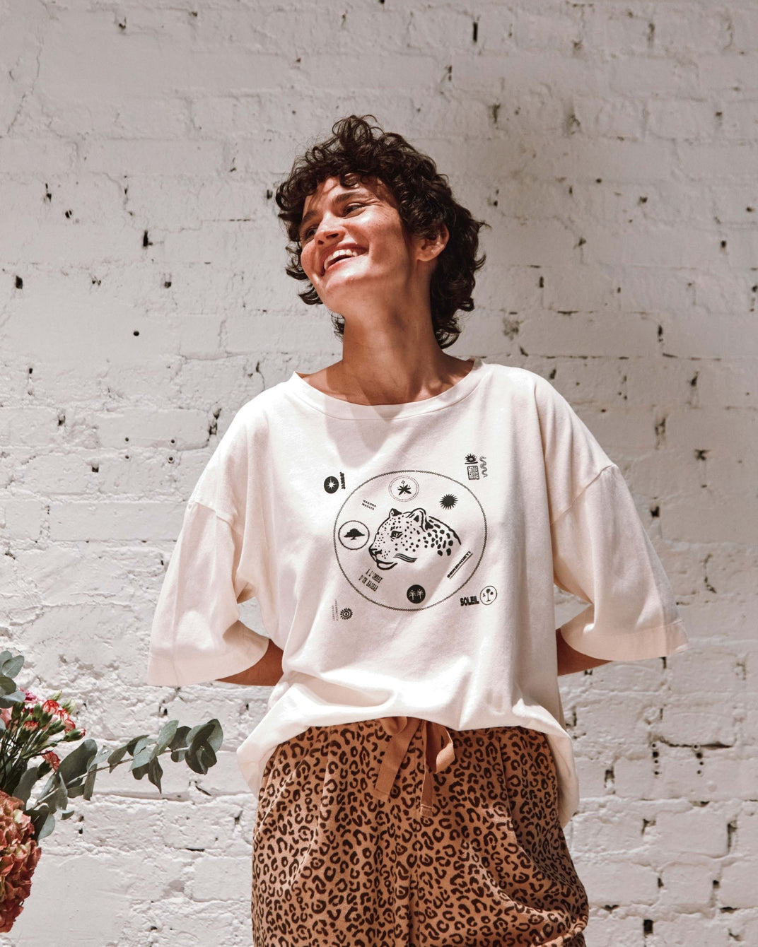 Oversized leopard t-shirt in organic cotton cream