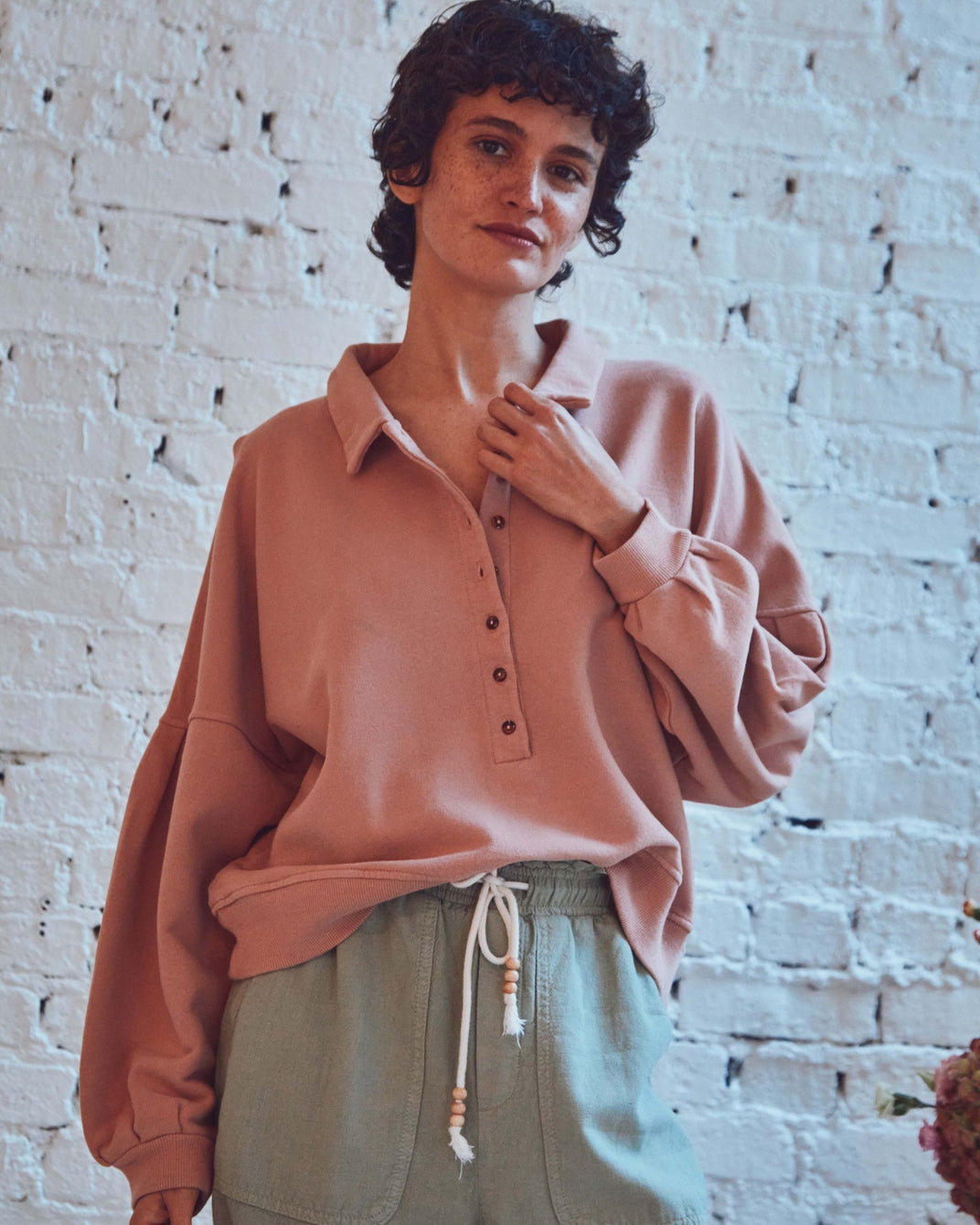 Organic cotton button-down sweatshirt in terracotta
