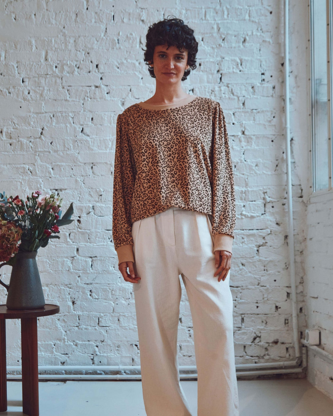 Beige and black leopard terry sweatshirt