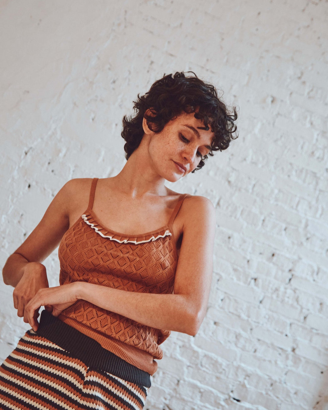 Brown openwork strappy top