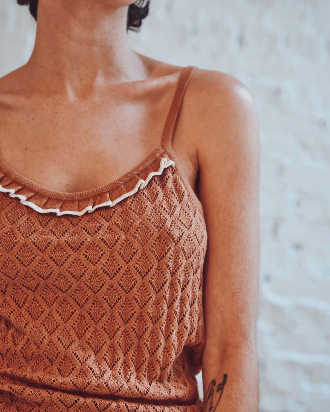 Brown openwork strappy top
