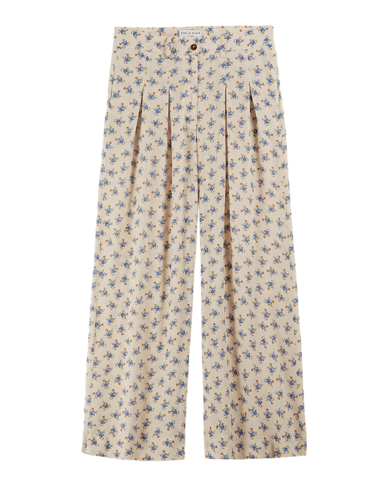emile et ida Pantalon palazzo écru fleurs bleues