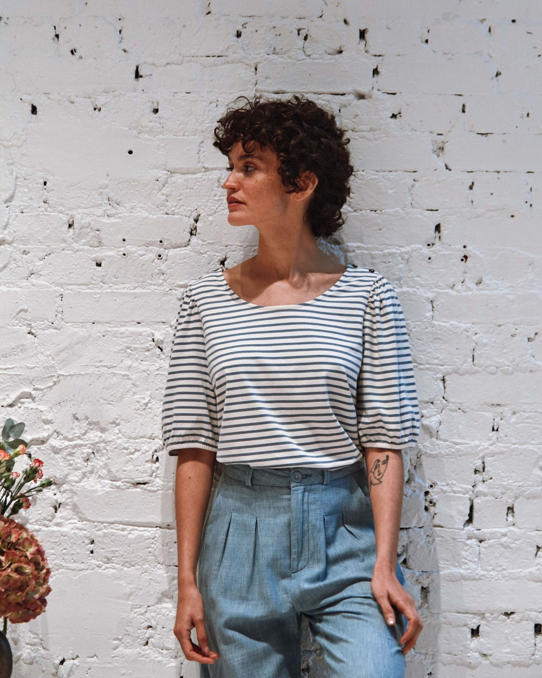White and navy striped t-shirt