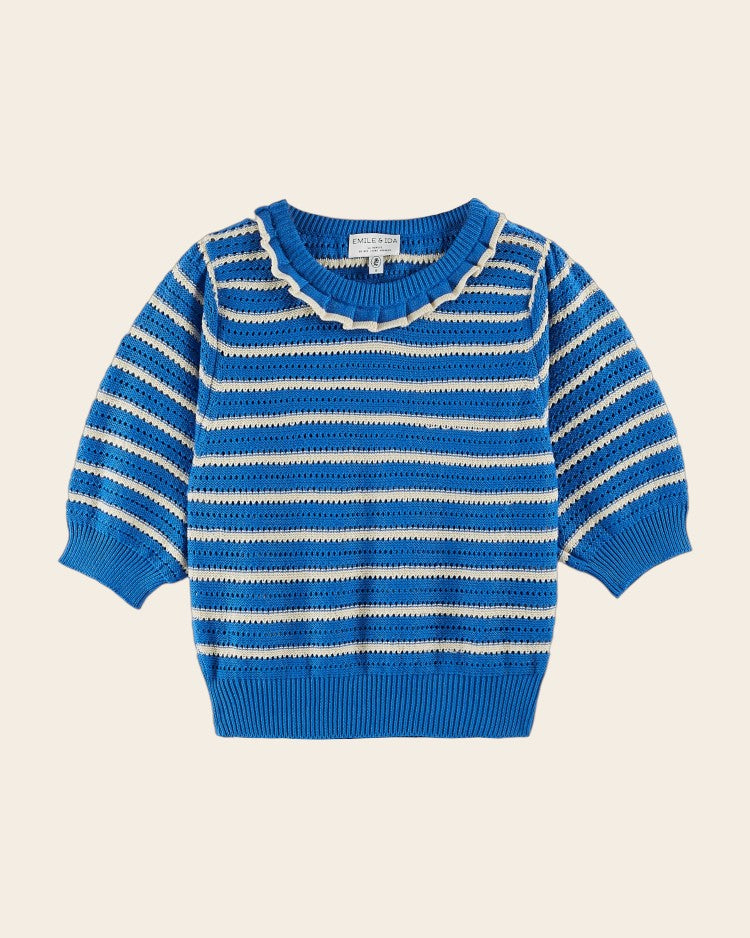 Blue striped short-sleeved sweater