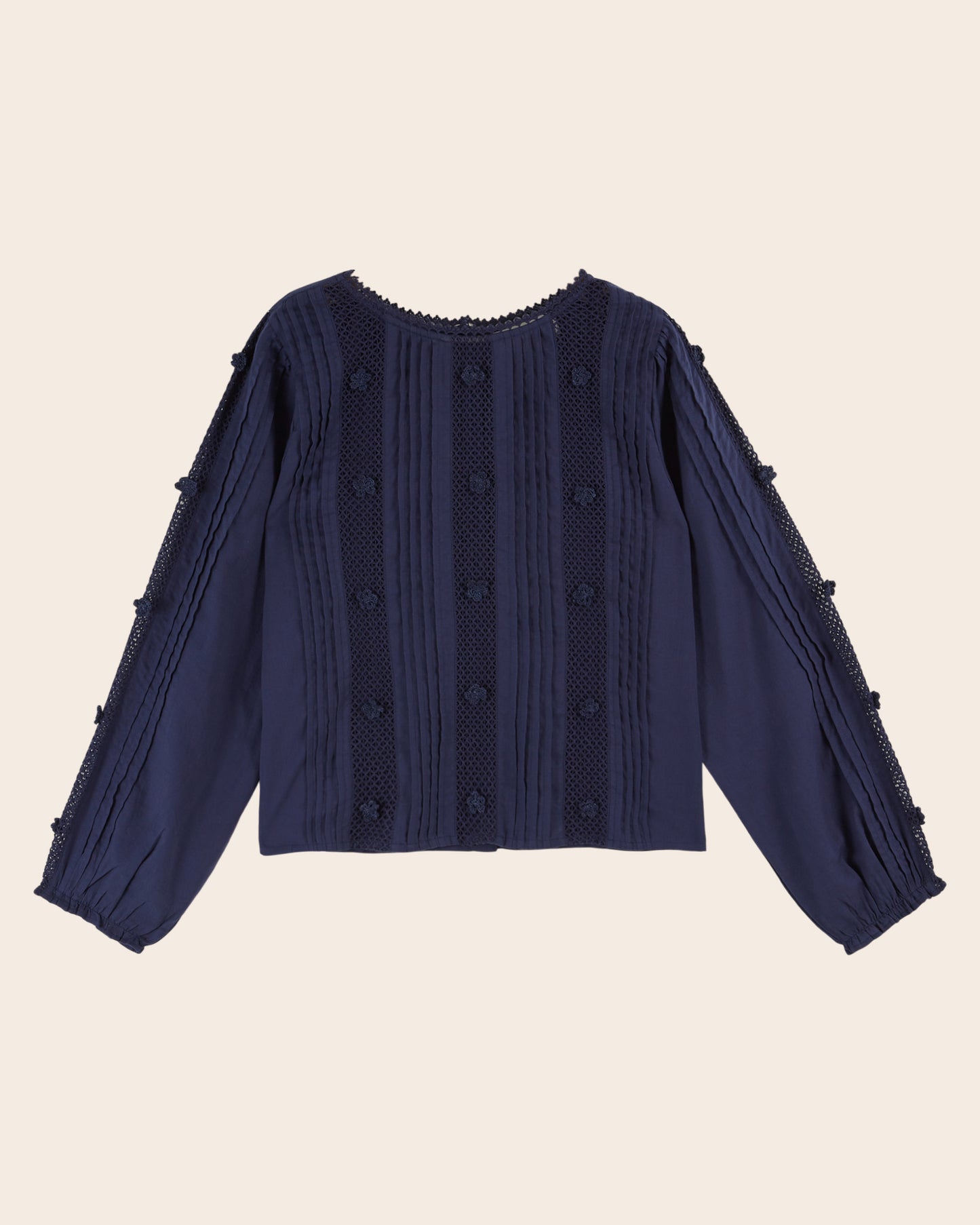 Blouse dentelle fleurs brodées navy