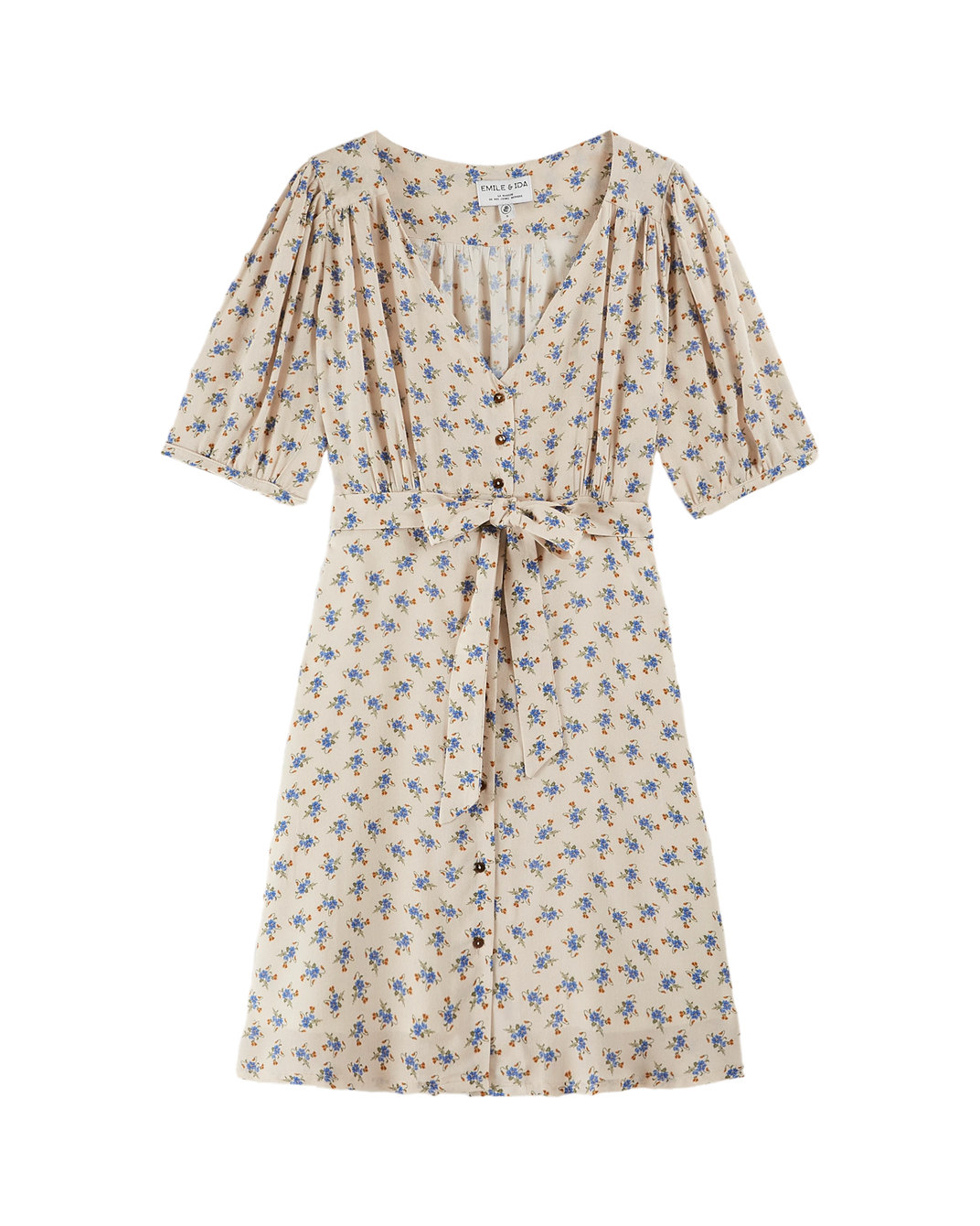 Ecru shirt dress with blue flowers