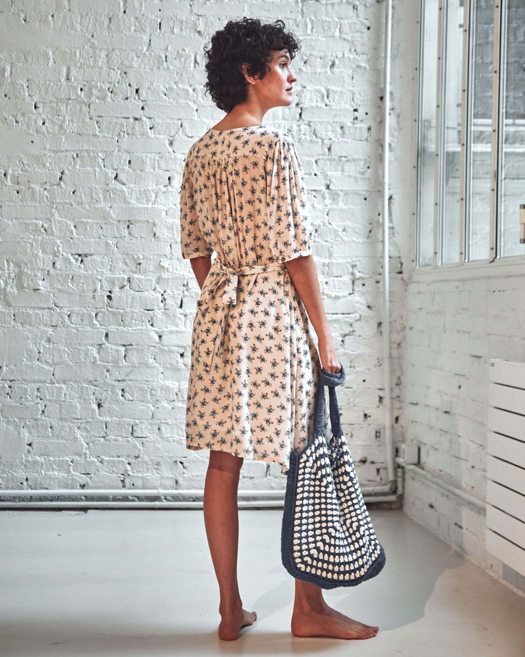 Ecru shirt dress with blue flowers