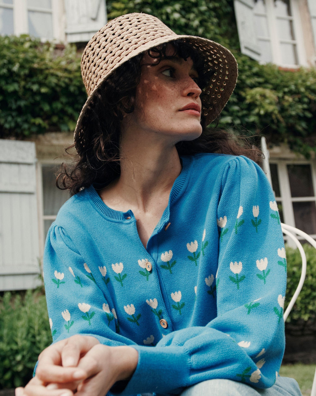Cardigan jacquard à fleurs coton bio bleu