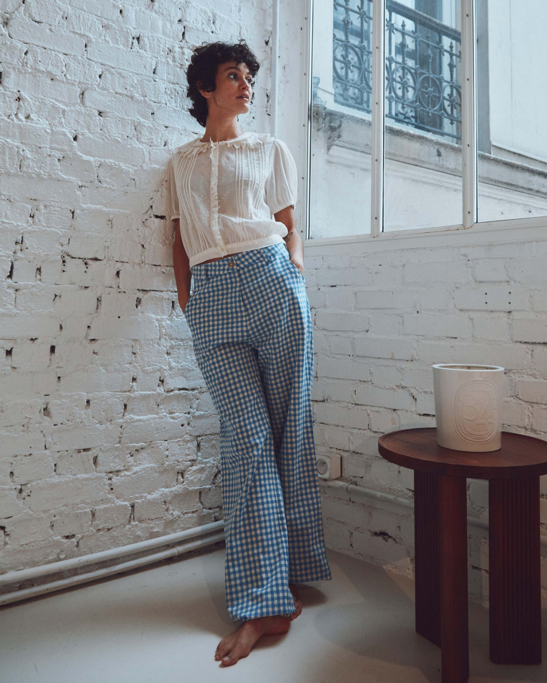 Pantalon - large vichy écru et bleu