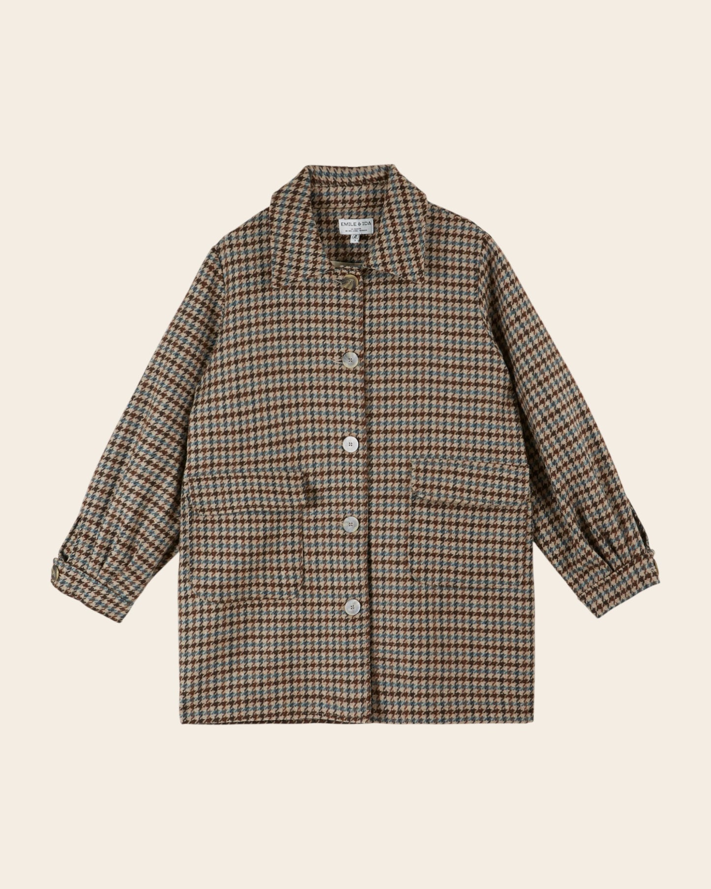Manteau 3/4 pied de coq beige et marron