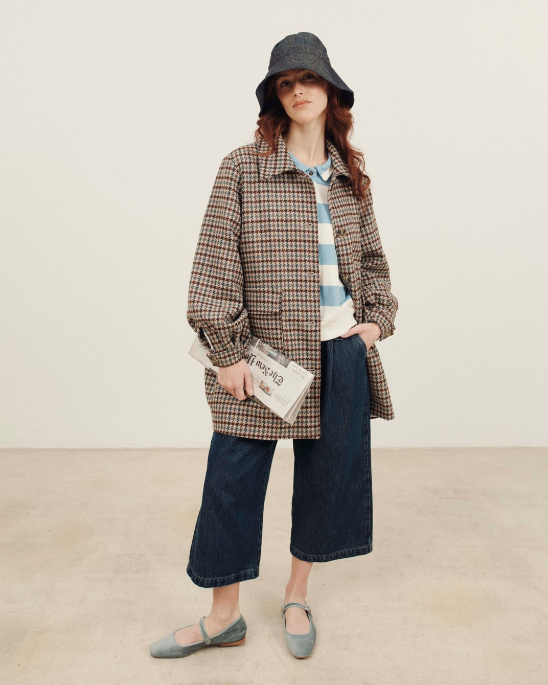Manteau 3/4 pied de coq beige et marron
