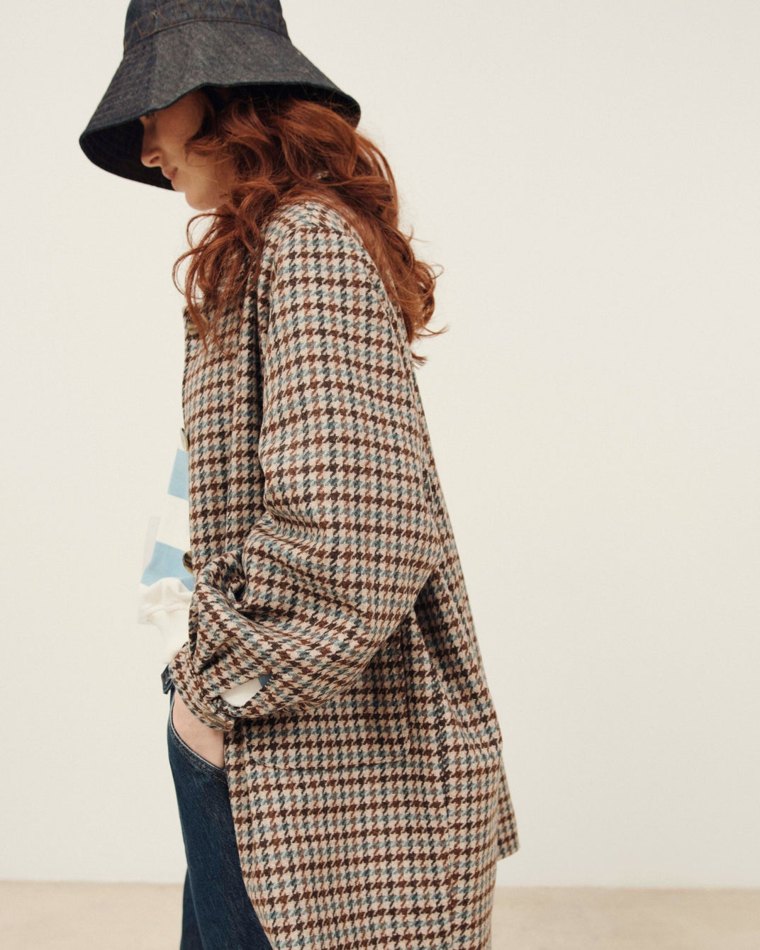 Manteau 3/4 pied de coq beige et marron