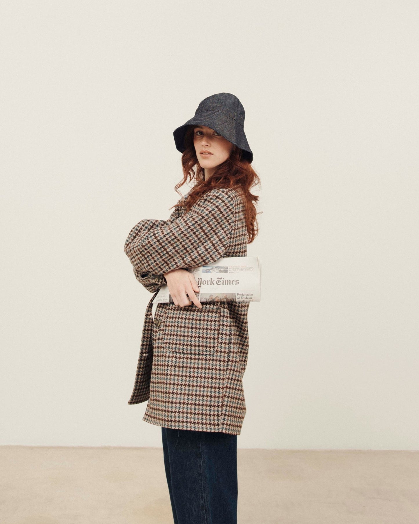 Manteau 3/4 pied de coq beige et marron