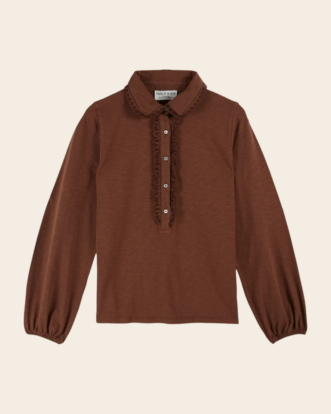 two-material polo shirt with jabot collar, chestnut