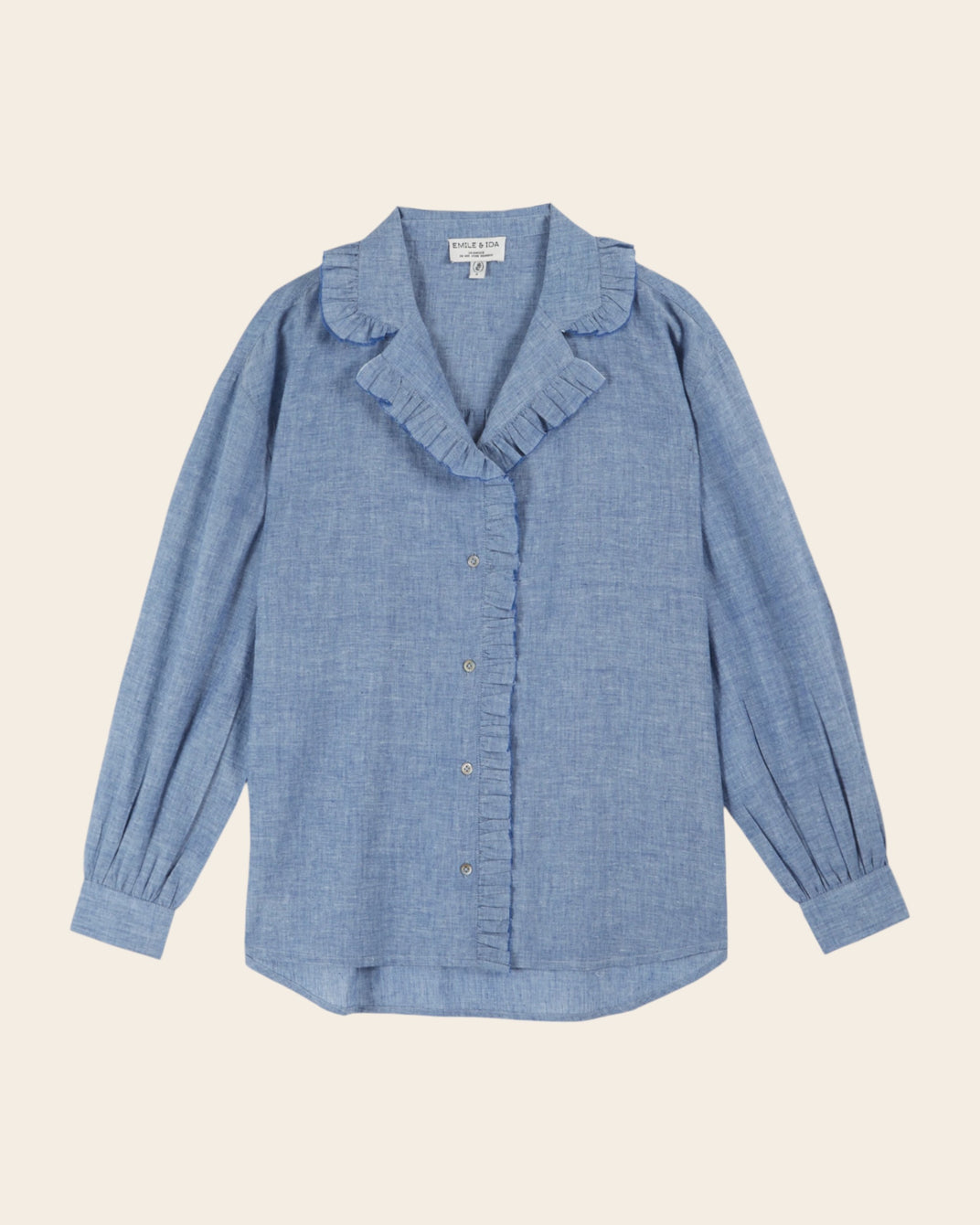 Blouse volantée chambray bleu chiné
