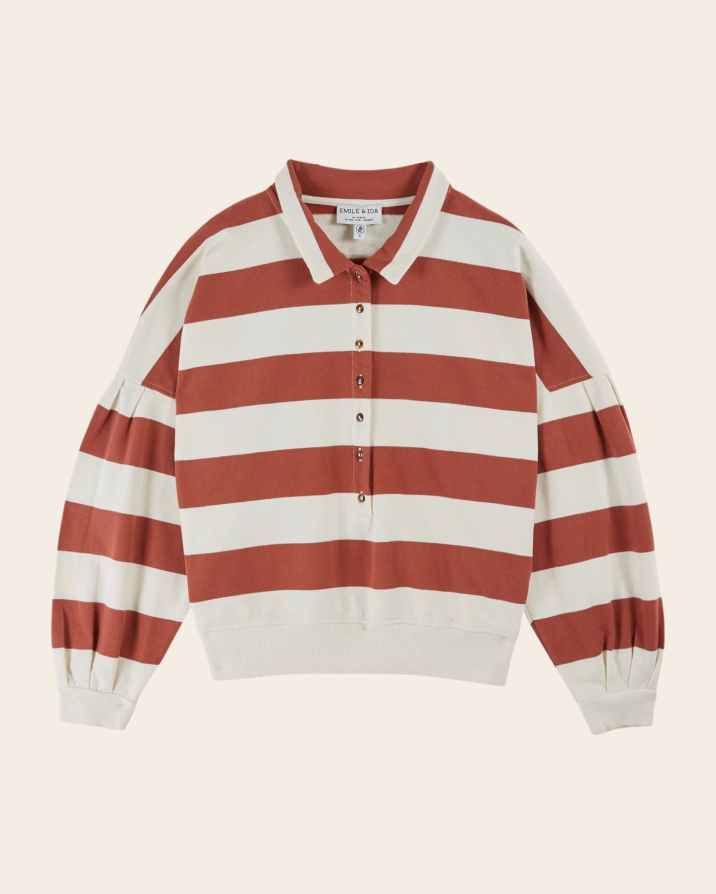 Sweat boutonné à rayures coton bio écru et brique