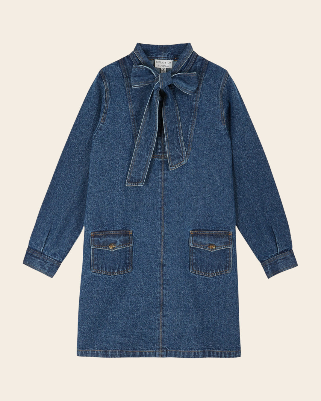 denim dress with pussy-bow collar