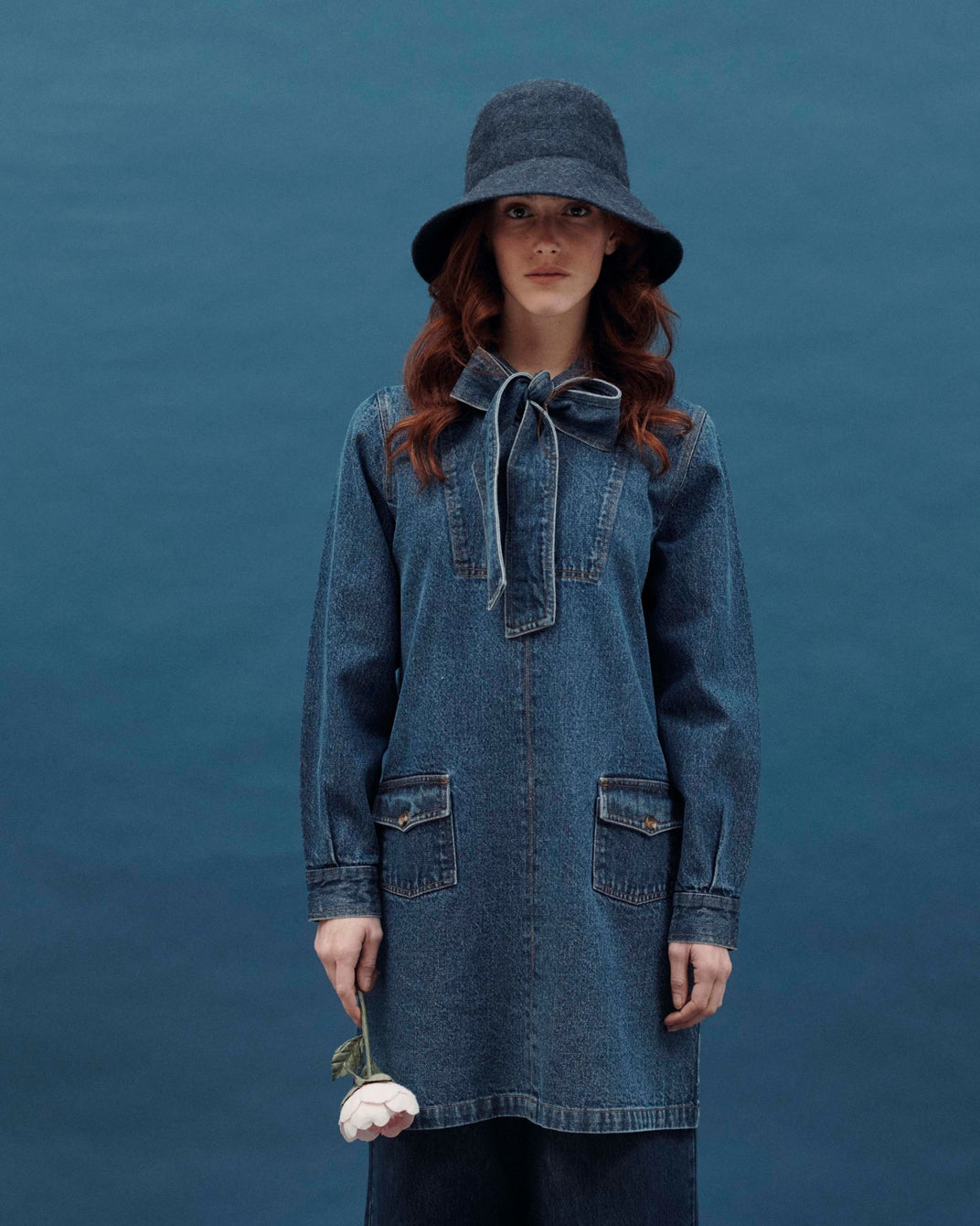 denim dress with pussy-bow collar