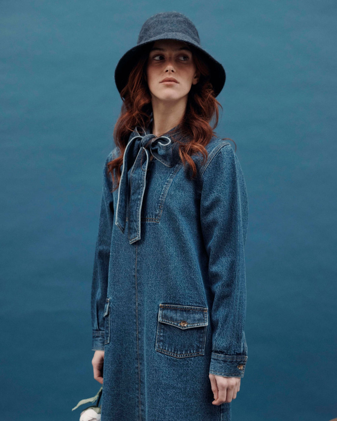denim dress with pussy-bow collar