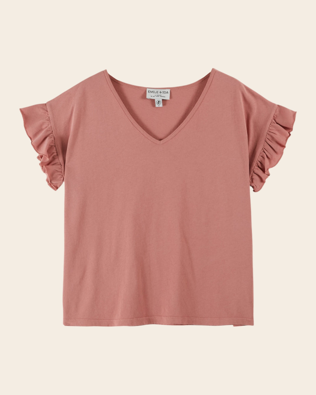 T-shirt - Col V volanté rose