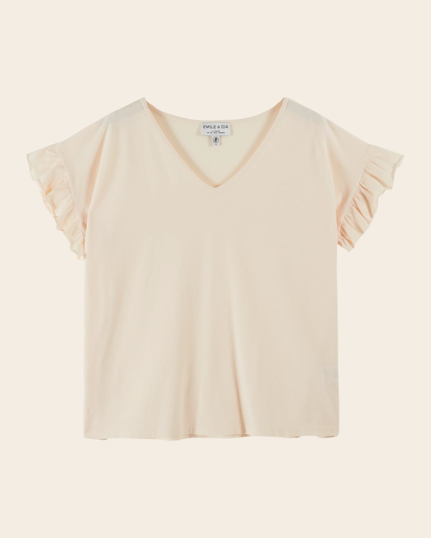 T-shirt - Col V volanté crème