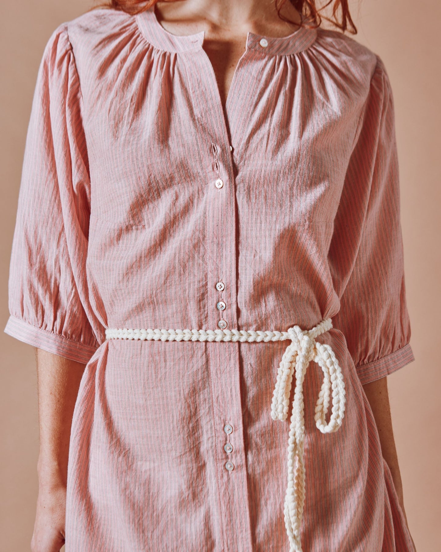 Robe midi - Fines rayures khadi rose