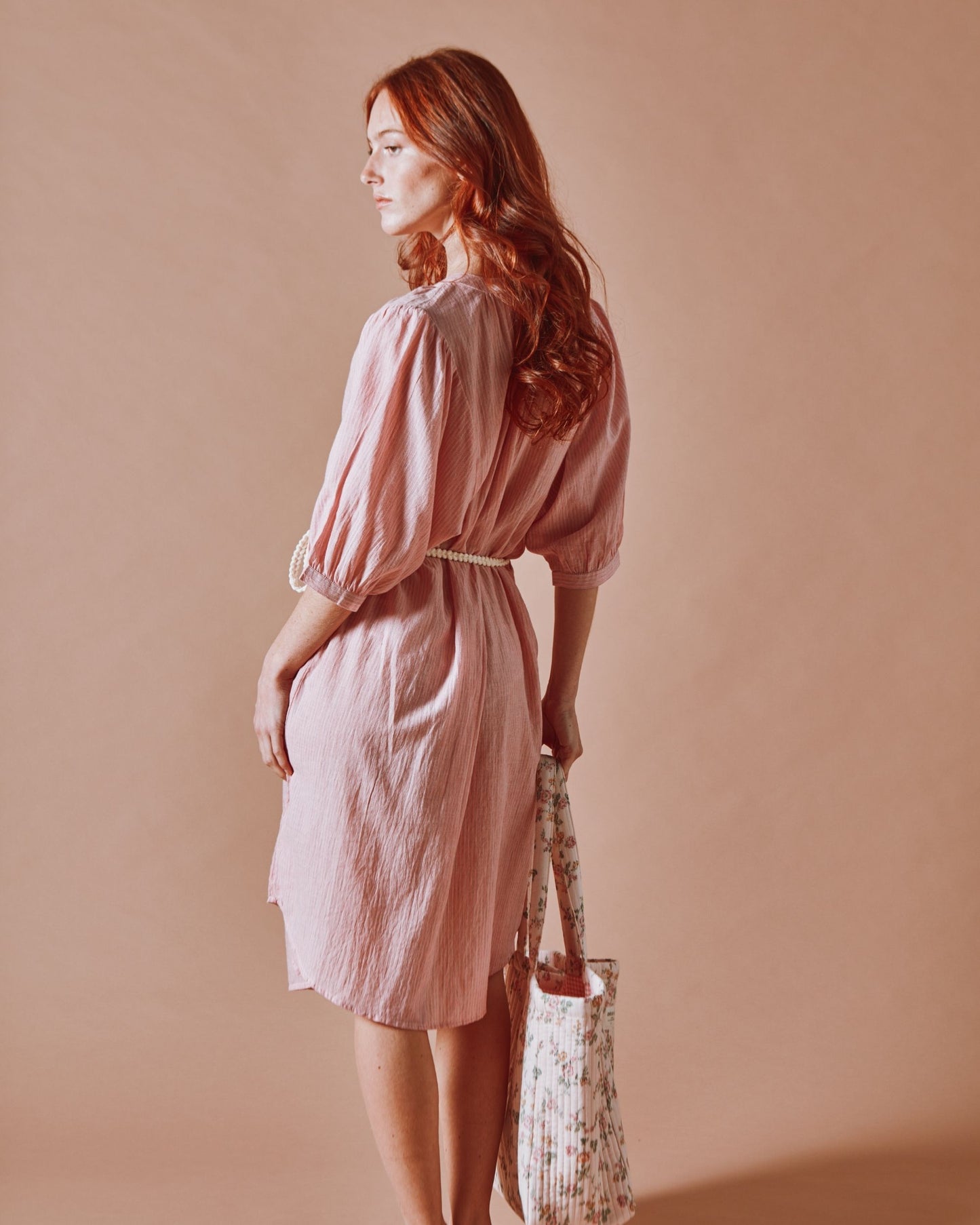 Robe midi - Fines rayures khadi rose