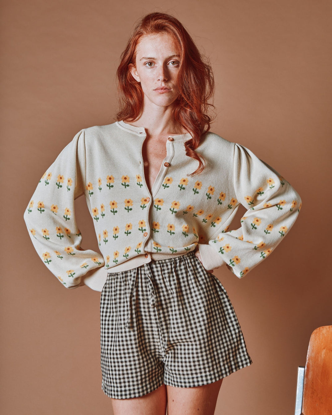 Cardigan - Jacquard à fleurs coton bio beige