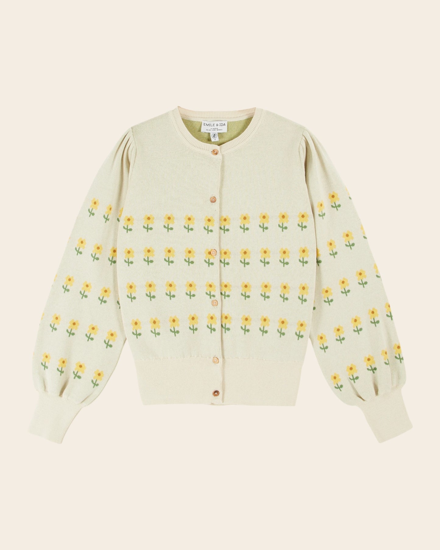 Cardigan - Jacquard à fleurs coton bio beige