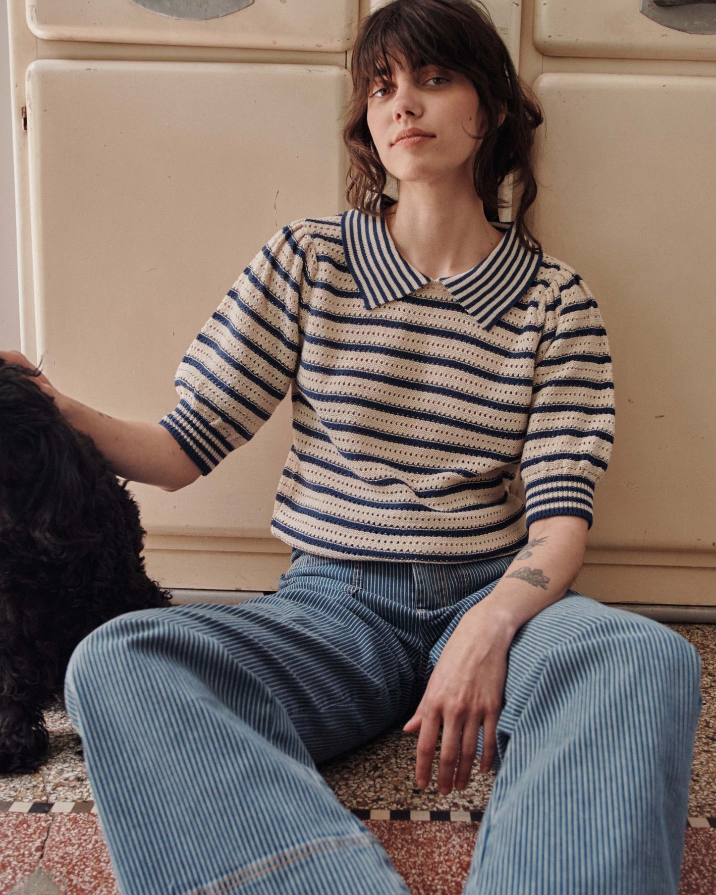 Polo - Ajouré rayé écru et marine