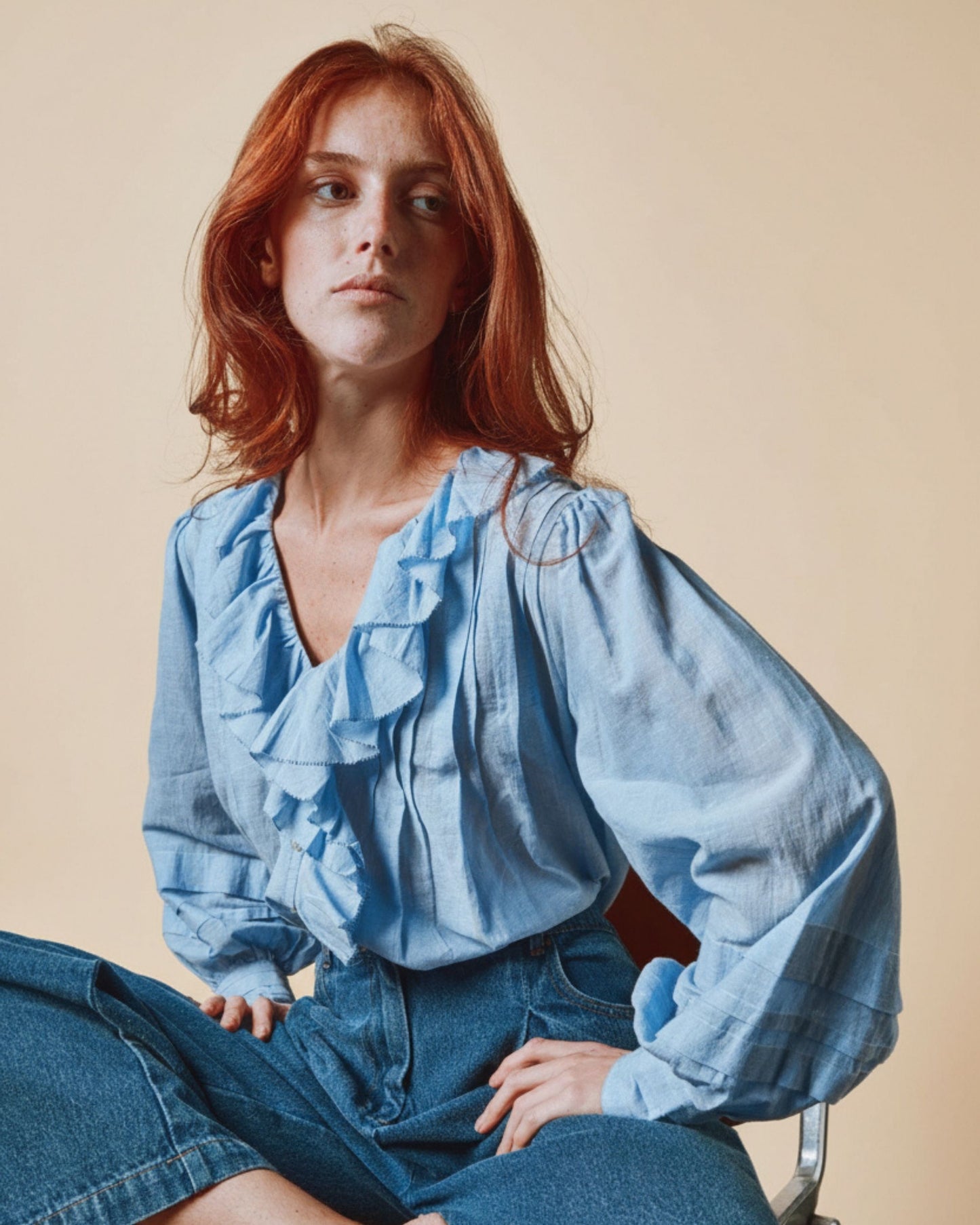 Blouse - Volantée khadi bleu