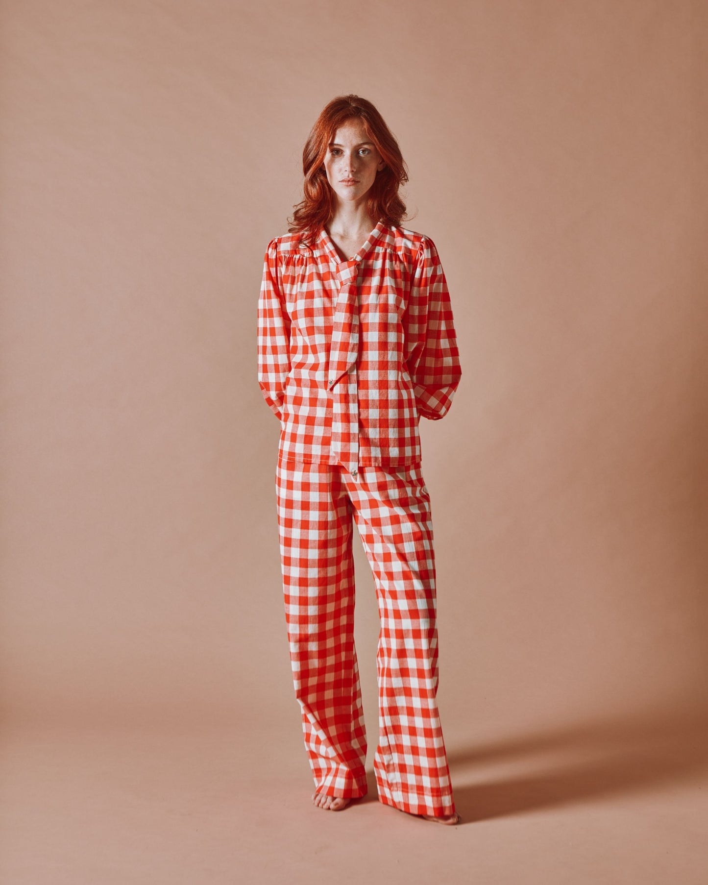 Blouse - Col lavalière vichy rouge