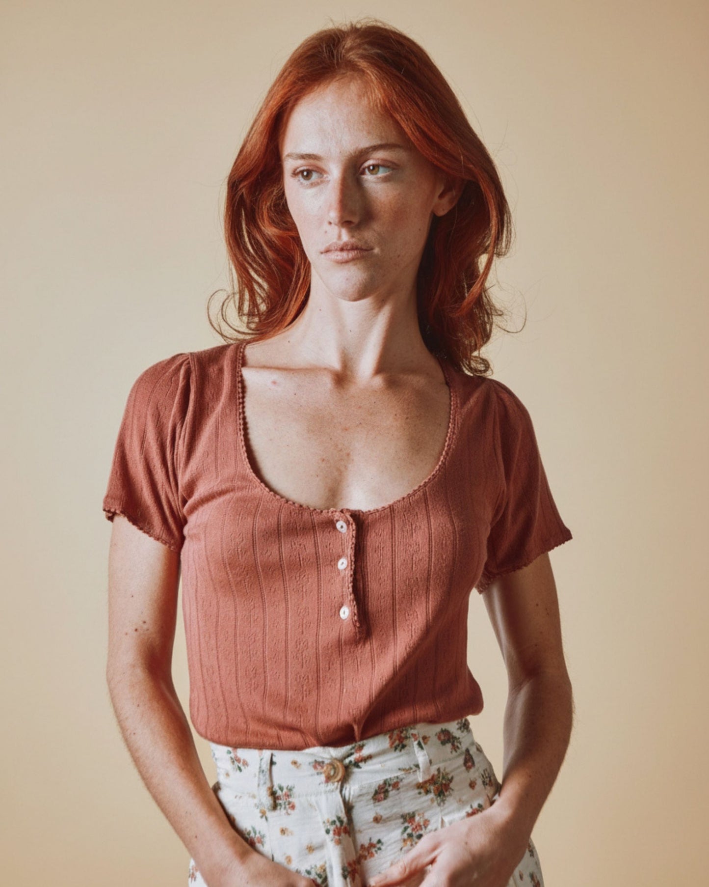 T-shirt - Pointelle modal sienne