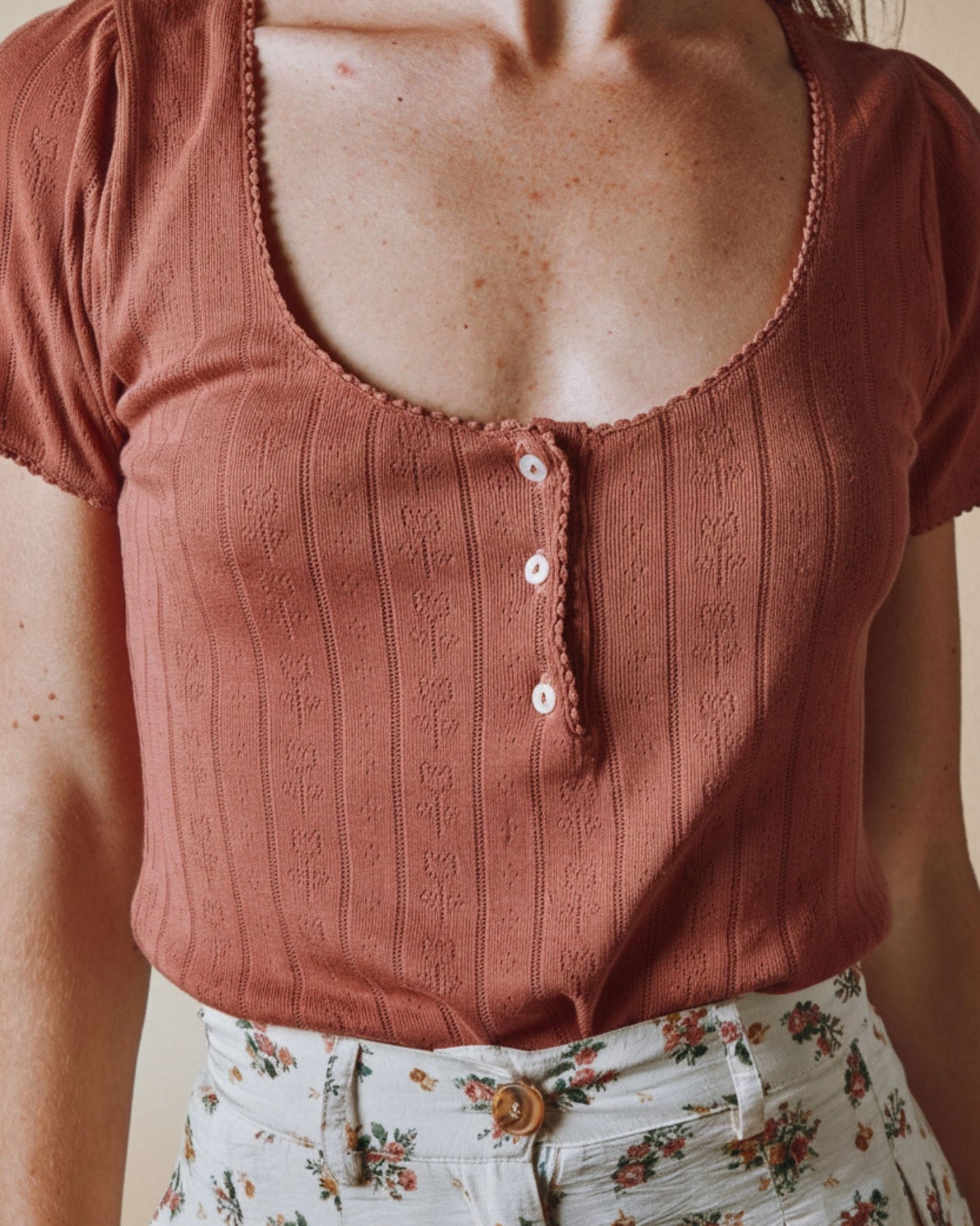 T-shirt - Pointelle modal sienne