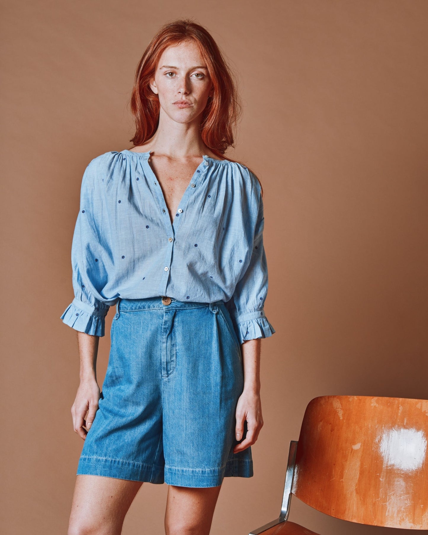 Blouse - Brodée fleurs khadi bleu