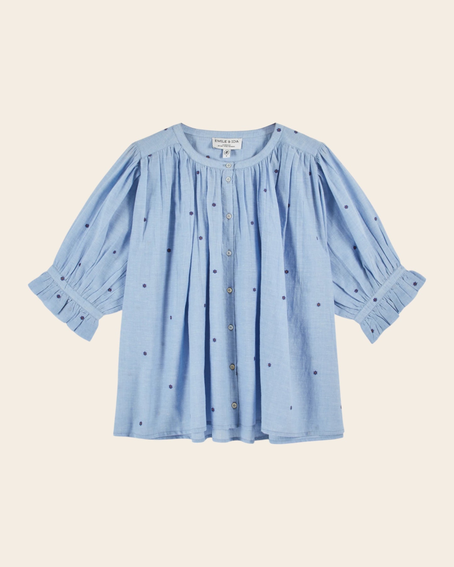 Blouse - Brodée fleurs khadi bleu