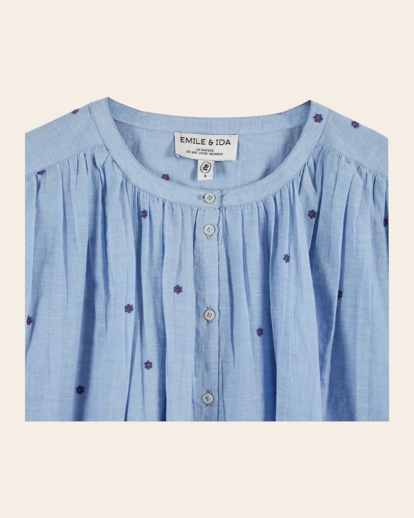 Blouse - Brodée fleurs khadi bleu