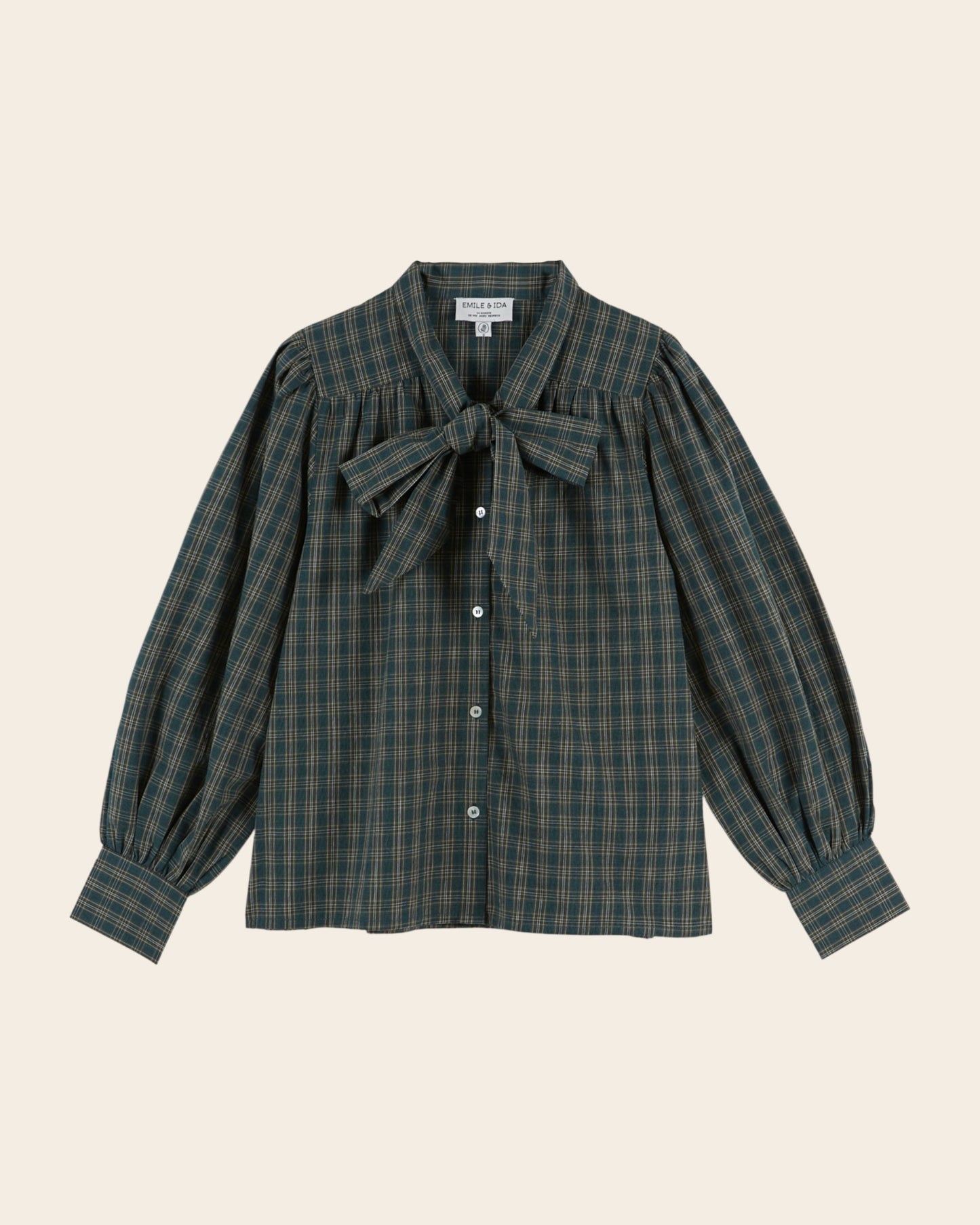 Blouse - Col lavallière carreaux vert