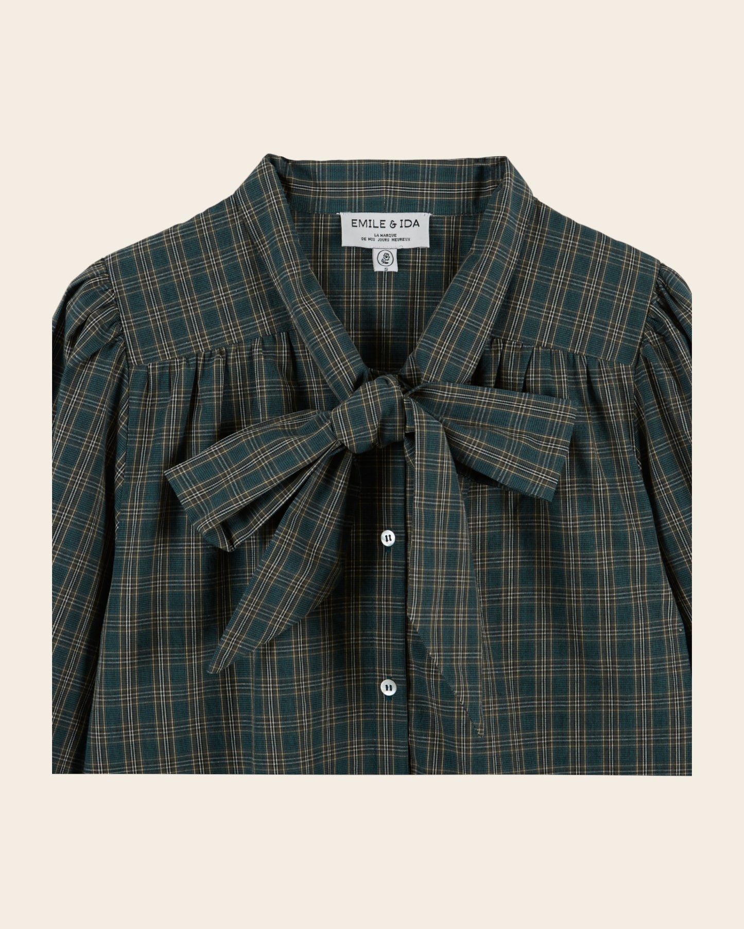 Blouse - Col lavallière carreaux vert