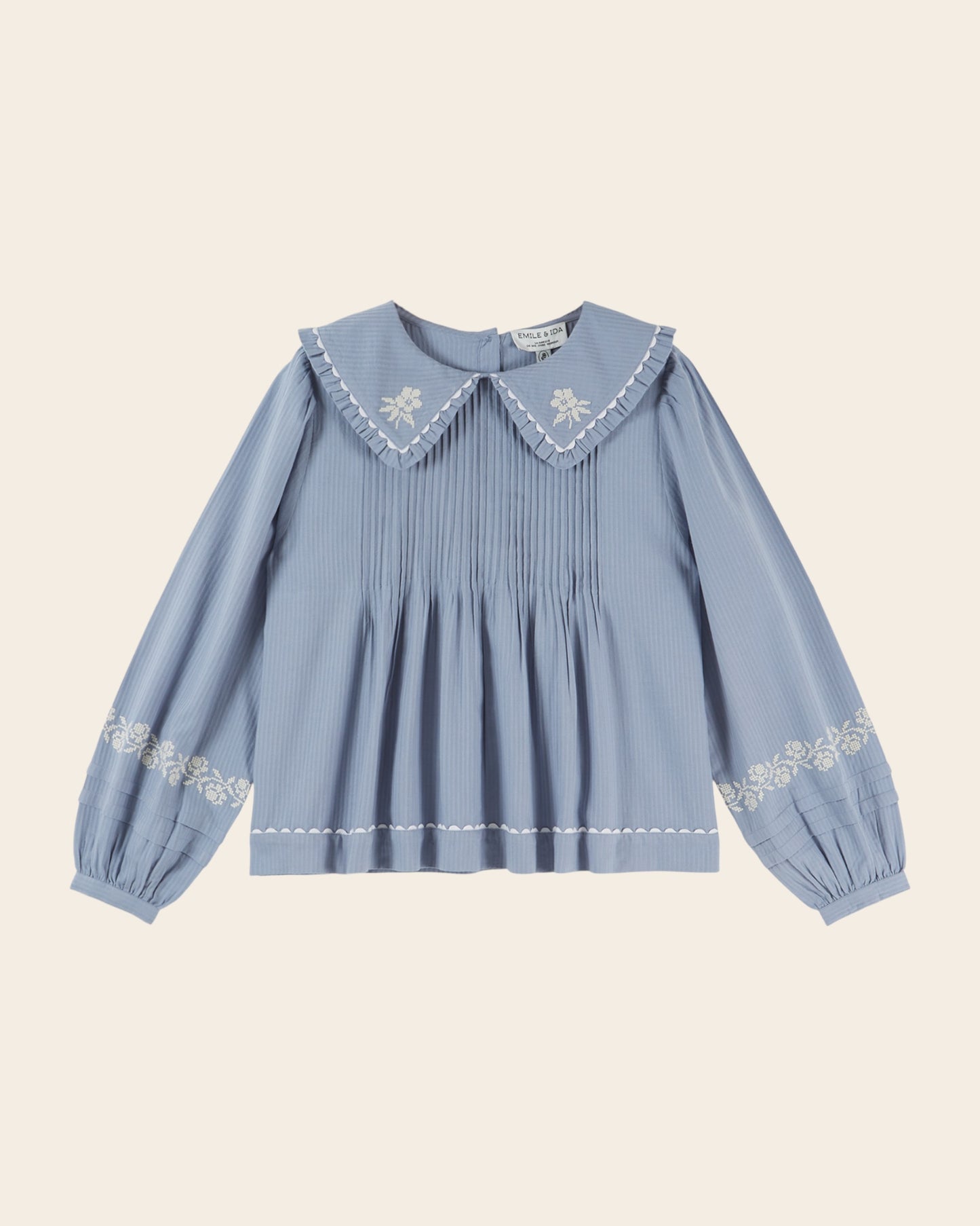 Blouse - Grand col brodé point de croix bleu
