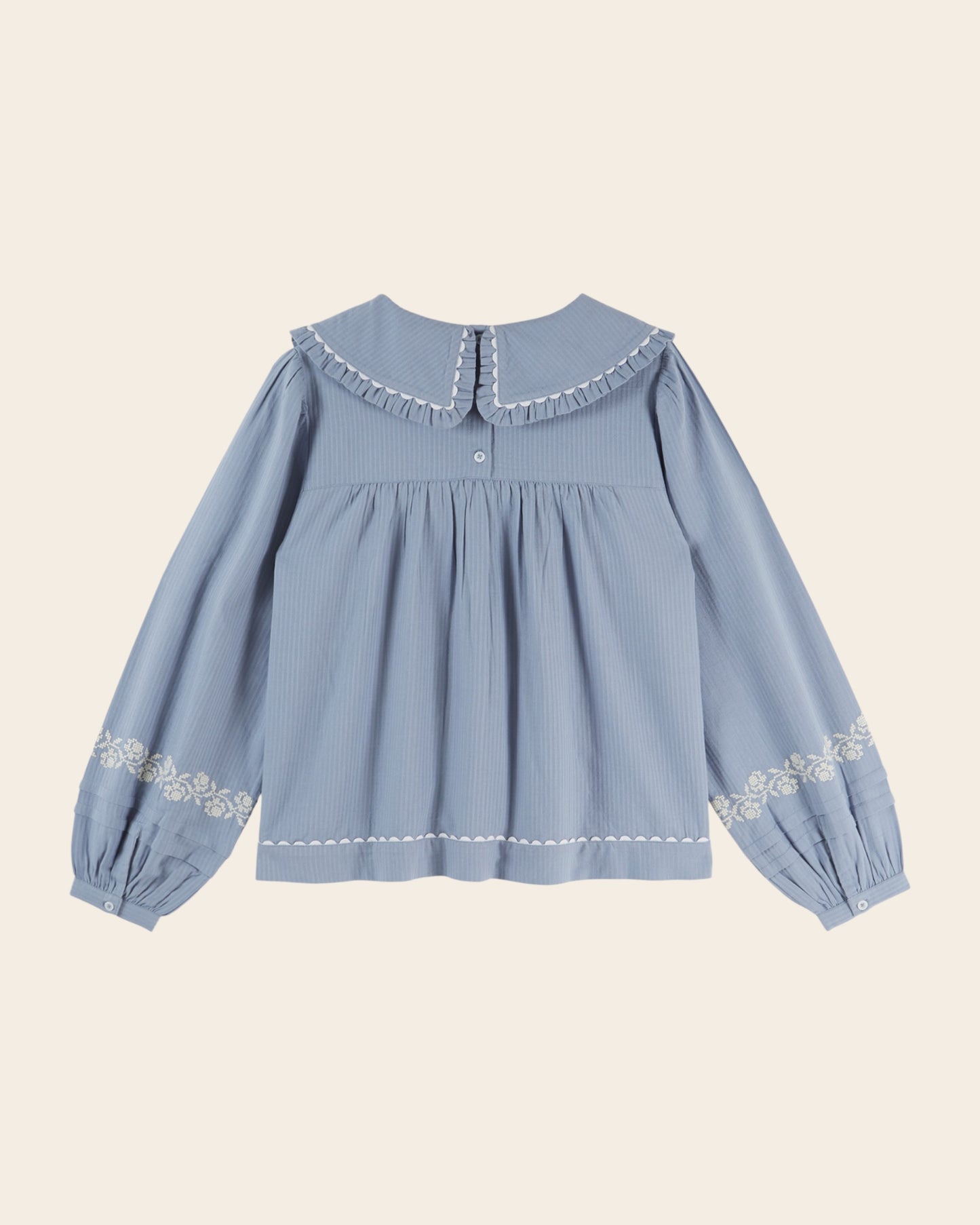 Blouse - Grand col brodé point de croix bleu