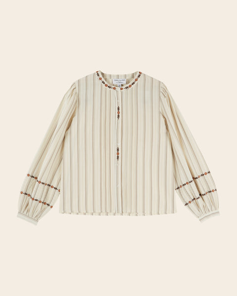 Blouse - Brodée rayures beige
