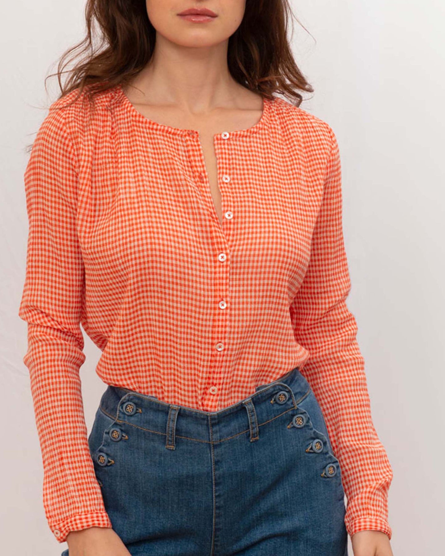 Blouse - Voile de coton créponné vichy rouge