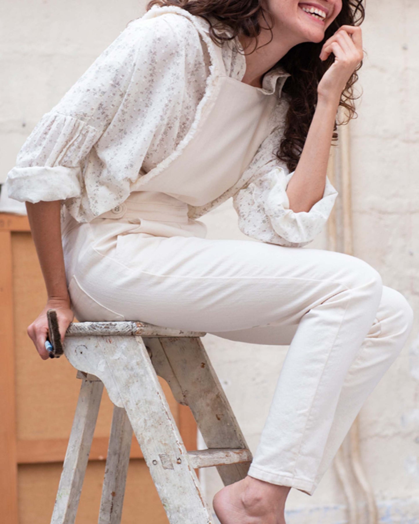 Ecru crossed back denim overalls