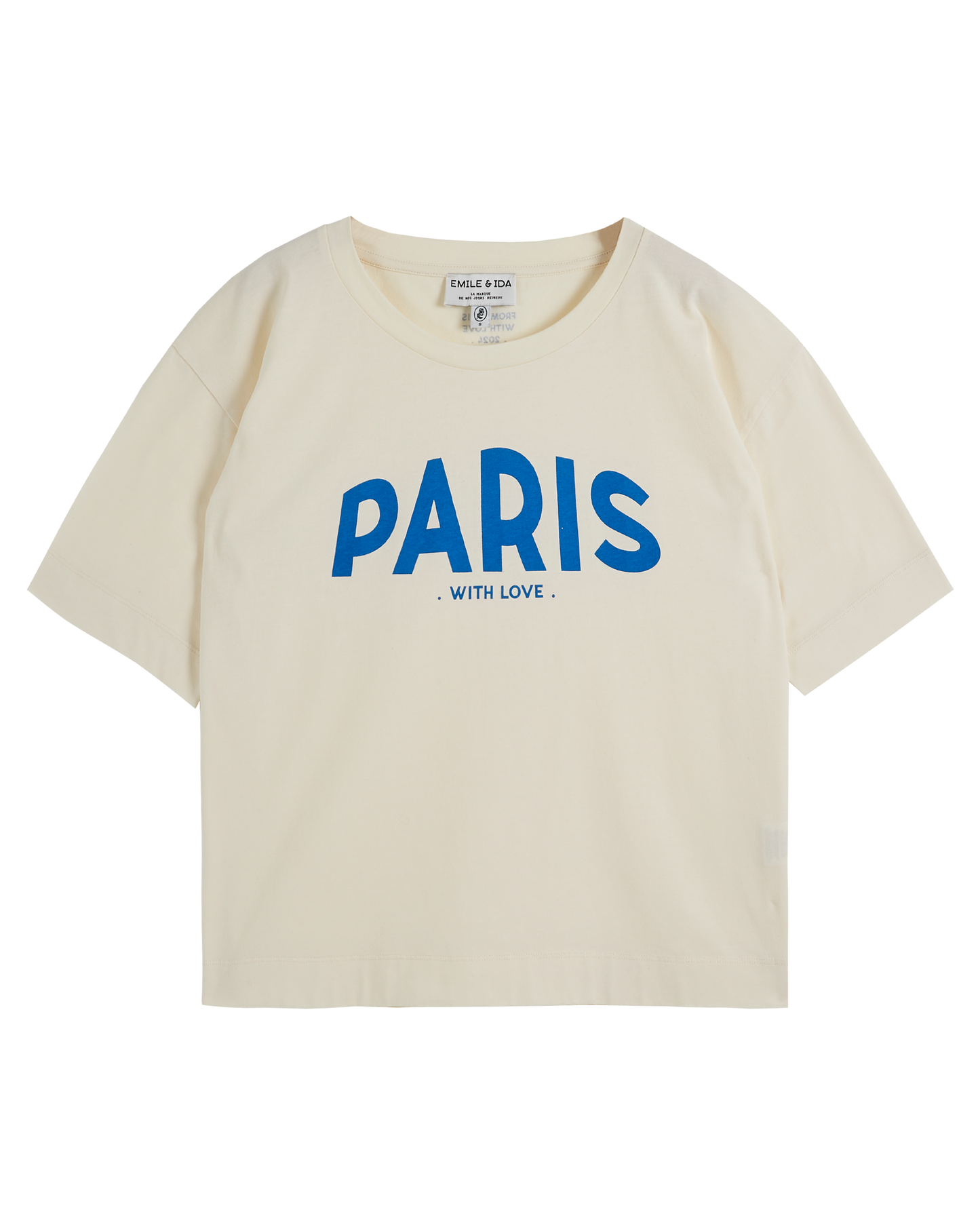 T-shirt Paris coton bio écru et bleu saphir